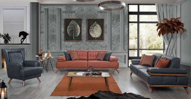 Ensemble de salon design en similicuir : canapés et fauteuils en cuir, ensemble de meubles 3 pièces.