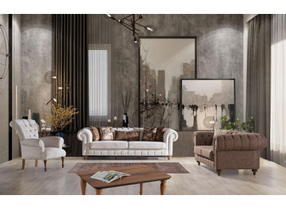 Blanc -Brown Chesterfield Groupe de sièges Canapés design Suite de luxe 3+2+1