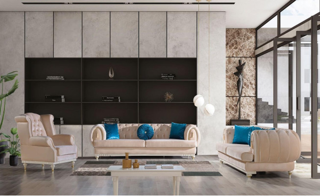 Canapé trois places en tissu beige Chesterfield Designer Set of 3.