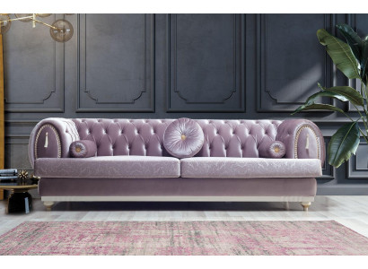 Canapé trois places Chesterfield violet, design, rembourré, cadre en bois