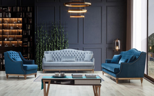 Canapé de relaxation trois places Chesterfield bleu pour le salon, trois places