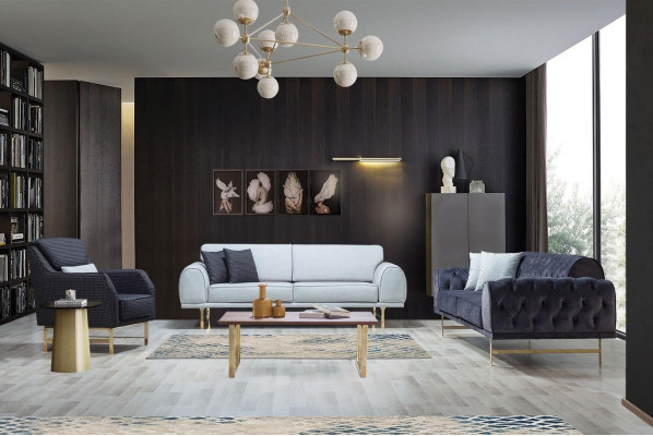 Fauteuil rembourré gris avec accoudoirs en acier inoxydable pour le salon, un nouveau fauteuil une place.