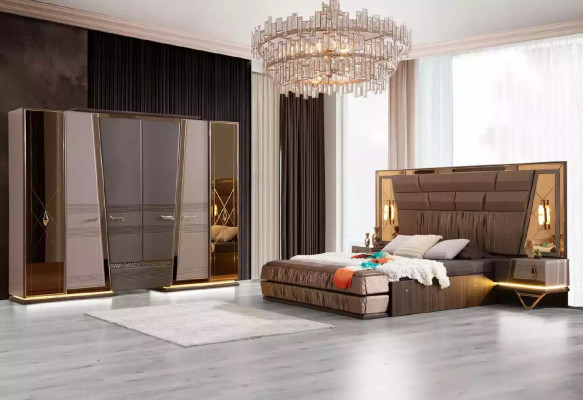 Lit double Ensemble de chambre moderne Ensemble de lit de luxe en or 4 pièces Beige