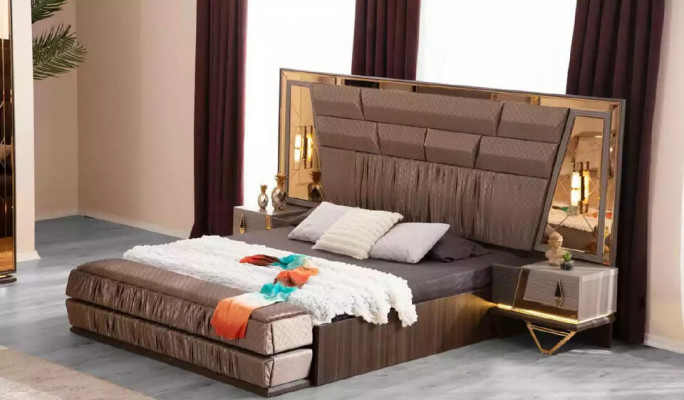 Lit double Ensemble de chambre moderne Ensemble de lit de luxe en or 4 pièces Beige