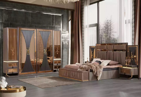 Canapé de luxe en beige Suite chambre Lit double Ensemble de lit beige 5 pièces
