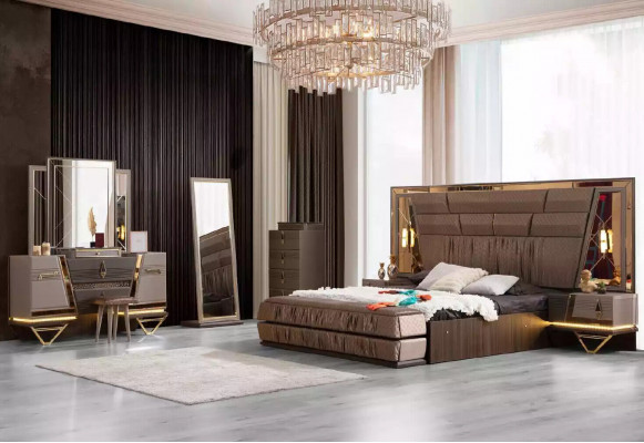 Lit double Coiffeuse Suite de chambre Ensemble de lit 6 pièces Beige nouveau
