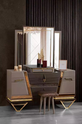 Lit double Coiffeuse Suite de chambre Ensemble de lit 6 pièces Beige nouveau