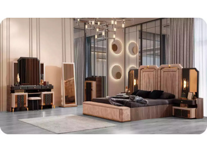 Suite de luxe Lit double Ensemble 6 pièces Lit en tissu beige Avec base de lit Chambre