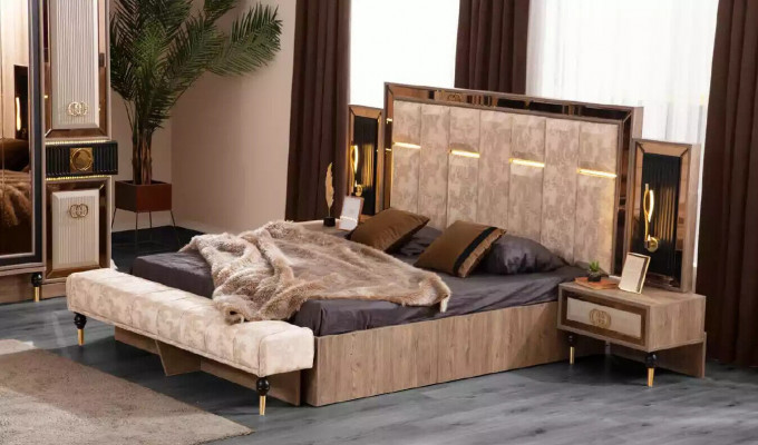 Chambre à coucher Lit double Beige Lit en tissu Tables de chevet Ensemble 3 pièces Lit neuf