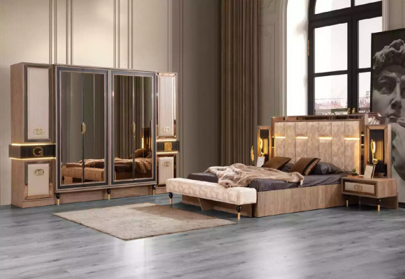 Chambre à coucher Lit double Beige Lit en tissu Tables de chevet Ensemble 3 pièces Lit neuf