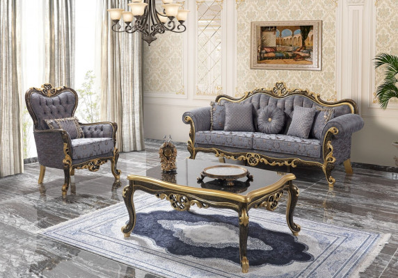 Ensemble de canapés Chesterfield, canapé bleu rembourré à trois places avec fauteuil assorti