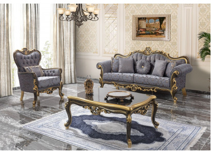Ensemble de canapés Chesterfield, canapé bleu rembourré à trois places avec fauteuil assorti