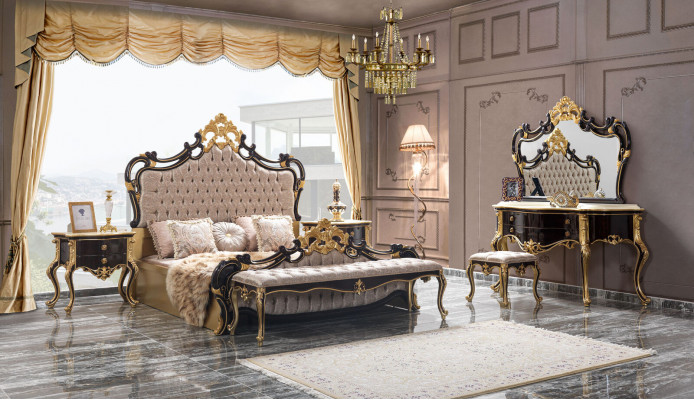 Lit double Suite Chesterfield Chambre de luxe Lit 6 pièces Lits noirs