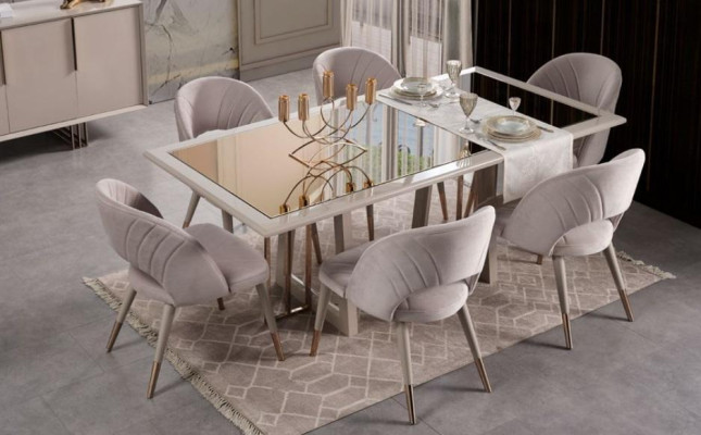 Salle à manger de luxe Ensemble de salle à manger Salle à manger Table Chaises Beige Bois Ensemble 8 pièces