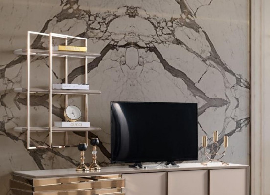 Meuble TV Buffet TV Basse Buffet Beige Or Ensemble de Salon Étagères Neuf