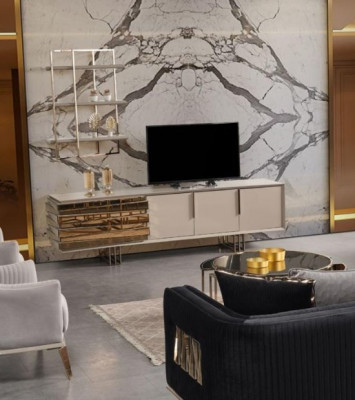 Meuble TV Buffet TV Basse Buffet Beige Or Ensemble de Salon Étagères Neuf