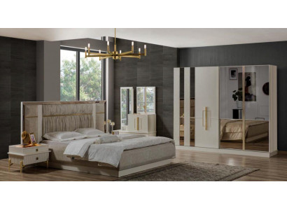Suite de chambre de luxe avec lit double en bois et tissu beige ensemble de lit 5 pièces