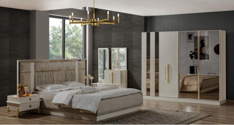 Lit double Chambre Suite en bois Beige Tissu Tables de chevet Ensemble 4 pièces