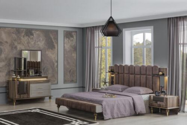 Lit double Suite Chambre de luxe en bois brun Ensemble de lit en tissu 4 pièces