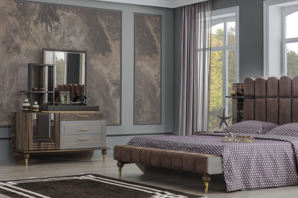 Lit double Suite Chambre de luxe en bois brun Ensemble de lit en tissu 4 pièces