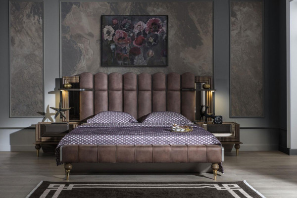 Lit double Suite Chambre de luxe en bois brun Ensemble de lit en tissu 4 pièces