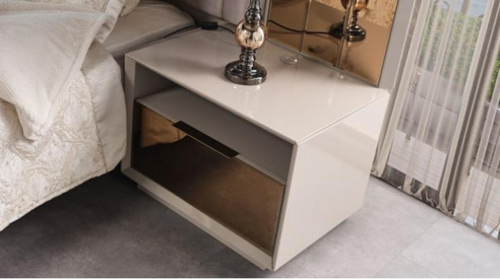 Suite Lit Double Lit Beige en Bois de Luxe Moderne Ensemble de Chambre 3 pièces