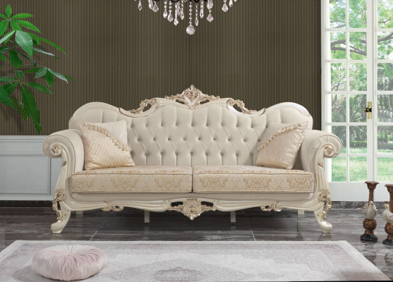 Canapé trois places, Canapé en tissu 3 places, Canapé rembourré en tissu, Chesterfield en tissu beige