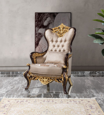 Fauteuil Wing Beige Baroque en Tissu Polyester pour Salon