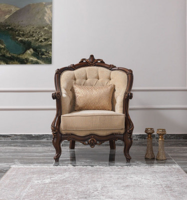 Fauteuil à oreilles Siège Seater Tissu Beige Polyester Bois Salon Baroque