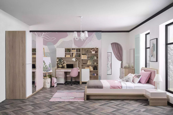 Chambre d'enfants Lit d'enfant Lit Bois Rose Ensemble de meubles pour enfants 9 pièces
