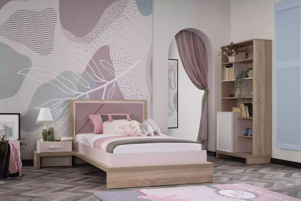 Lit pour enfants Chambre d'enfants Lit Table de chevet Bois Rose Ensemble de meubles pour enfants 3 pièces