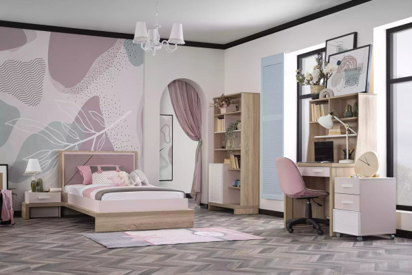 Suite Lit enfant Chambre d'enfant Lit Bois Rose Ensemble de meubles pour enfants 8 pièces