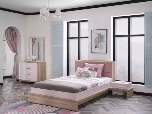 Lit pour enfants Chambre d'enfants Lit Bois Rose Ensemble de meubles pour enfants 4 pièces Groupe neuf