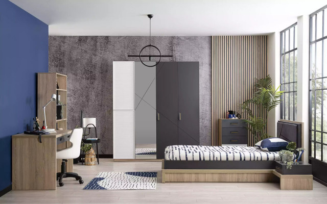 Armoire 4 portes Armoire moderne en bois Gris Miroir Chambre d'enfant