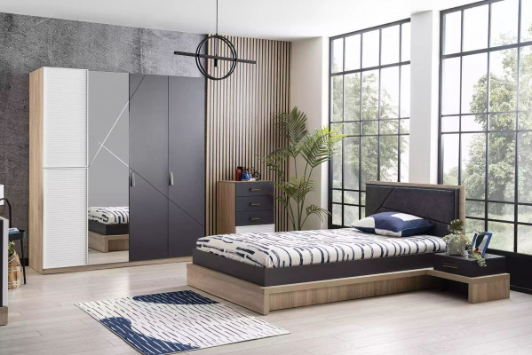 Armoire 4 portes Armoire moderne en bois Gris Miroir Chambre d'enfant