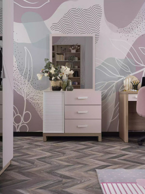 Commode avec miroir Mobilier pour enfants Bois Rose 2 pièces Chambre d'enfants Armoire