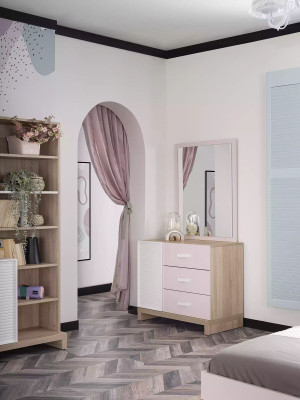 Commode avec miroir Mobilier pour enfants Bois Rose 2 pièces Chambre d'enfants Armoire