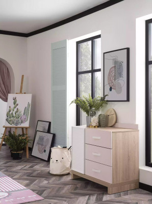 Commode avec miroir Mobilier pour enfants Bois Rose 2 pièces Chambre d'enfants Armoire
