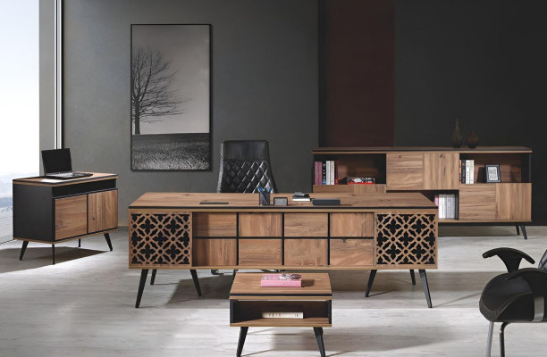 Mobilier de salle d'étude complet classique Ensemble de bureau 4 pièces Bois Marron