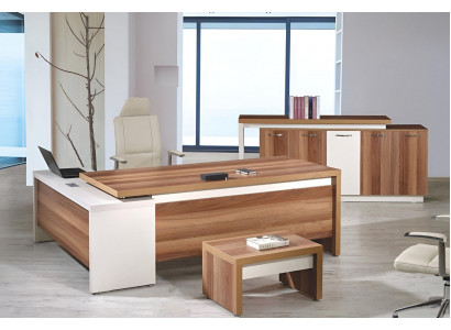 Bureau d'angle complet et jeu de 3 pièces de bureau en bois brun.