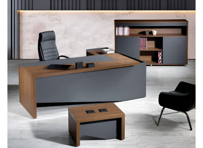 Bureau d'angle complet et ensemble de bureau en bois gris de 3 pièces