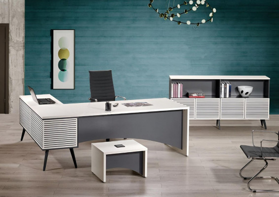 Bureau d'angle complet et ensemble de bureau 3 pièces en bois blanc pour bureau.