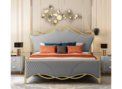 Chambre élégante Lit Designer Lit double en cuir synthétique Cadre en bois