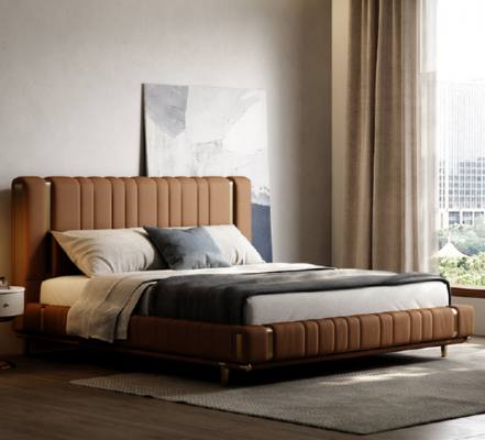 Lit double marron de luxe chambre à coucher Lit moderne Cadre en bois