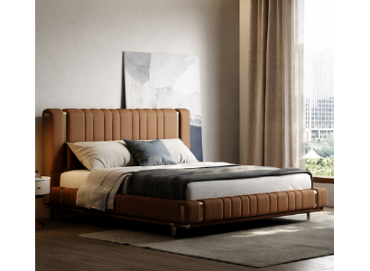 Lit double marron de luxe chambre à coucher Lit moderne Cadre en bois