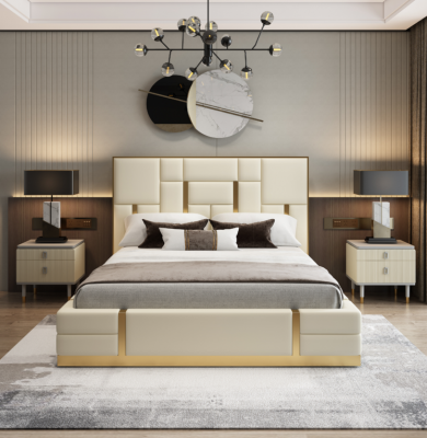 Lit double blanc Chambre de luxe Cadre en bois de designer en acier inoxydable