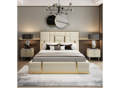 Lit double blanc Chambre de luxe Cadre en bois de designer en acier inoxydable