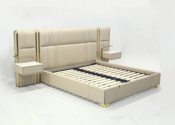 Chambre beige Lit double avec grand tête de lit Lits en bois design