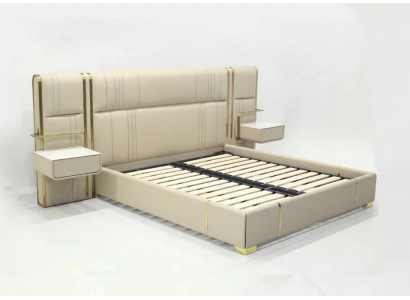 Chambre beige Lit double avec grand tête de lit Lits en bois design