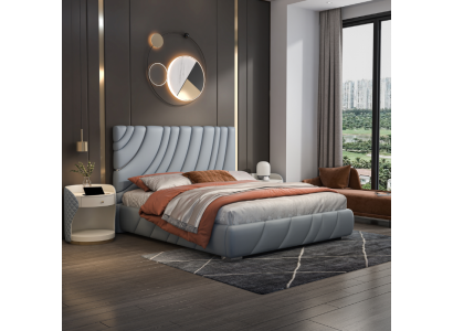 Lit double en similicuir gris Lit moderne en acier inoxydable de luxe Cadre en bois de luxe